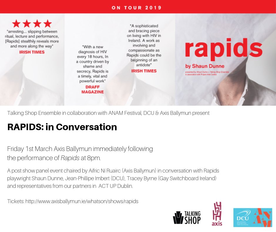 TalkShopTheatre's tweet photo. Delighted to share details of our post show event at @axisBallymun in collaboration with ANAM festival @DublinCityUni bringing together some important voices to talk all things ARTIVISM and #Rapids this Friday! https://t.co/YsEoKFjGVk