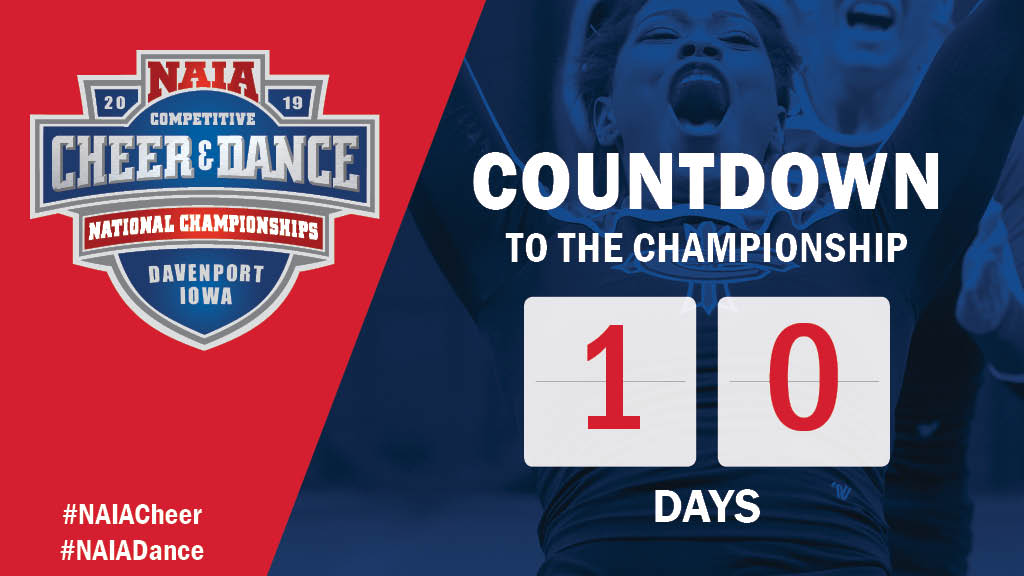 NAIA's tweet photo. 10 days and countless back flips away from the start of the NAIA Competitive Cheer &amp; Dance National Championships! 
Cheer updates: https://t.co/g1LEzoBio4
Dance updates: https://t.co/gCZ8jnuCnR
#NAIACheer #NAIADance #NAIAChampCountdown https://t.co/Yd06xsTNM6