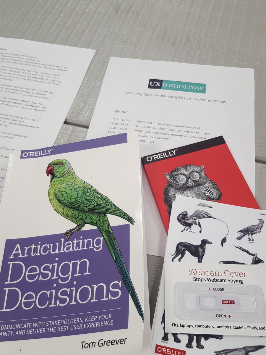 UXtomorrow's tweet photo. Getting ready for our #Uxtomorrow learning event this evening discussing 'Articulating Design Decisions' by @tomgreever. Thank you @OReillyMedia for some nice  goodies. #ux @MarieHedigan @meliss_dg @onefeatherloose https://t.co/j9ldeWB76N