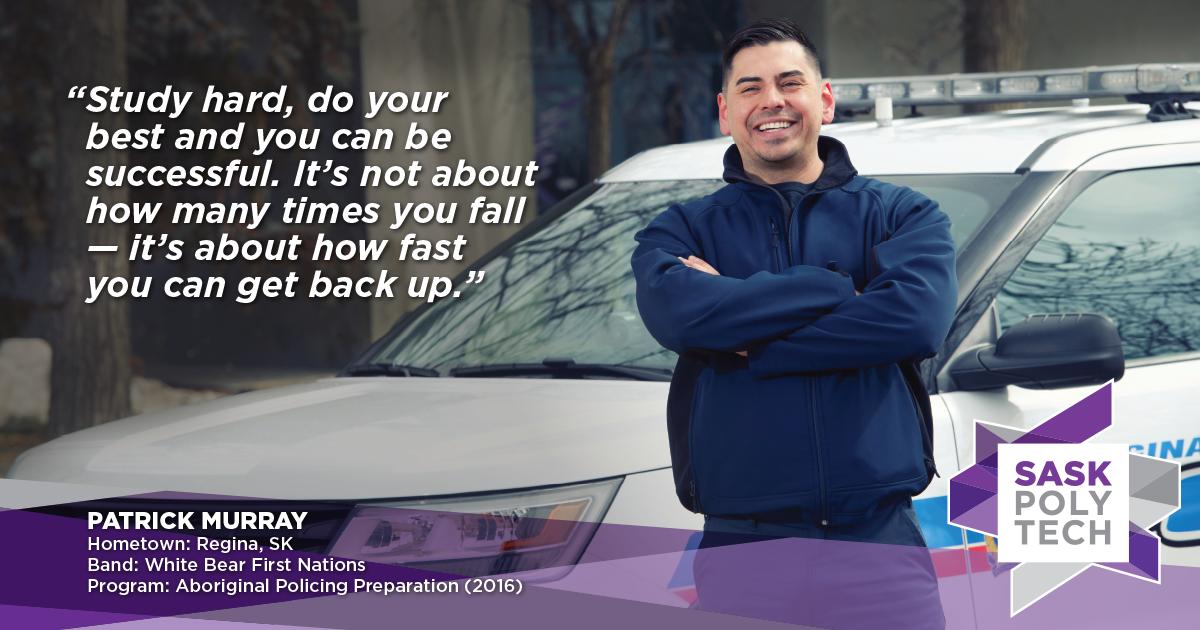 SaskPolytech's tweet photo. Meet our February Indigenous role model - Patrick! Patrick has big dreams of one day becoming the chief of Regina Police Services. He says if it wasn't for his instructors he may not have the confidence needed to go after those dreams.  #indigenous https://t.co/1lu2SxD783 https://t.co/G7L9348mOa