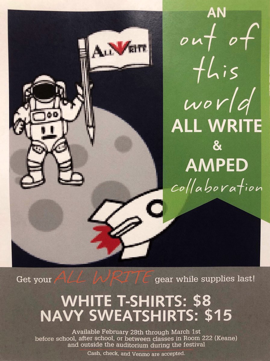 AllWriteWGHS's tweet photo. Do you have your #2019AllWrite gear yet?? Pick up a t-shirt or sweatshirt from Room 222 to wear on opening day—THIS MONDAY! 🚀 ✏️ https://t.co/ZiKlyQj13G
