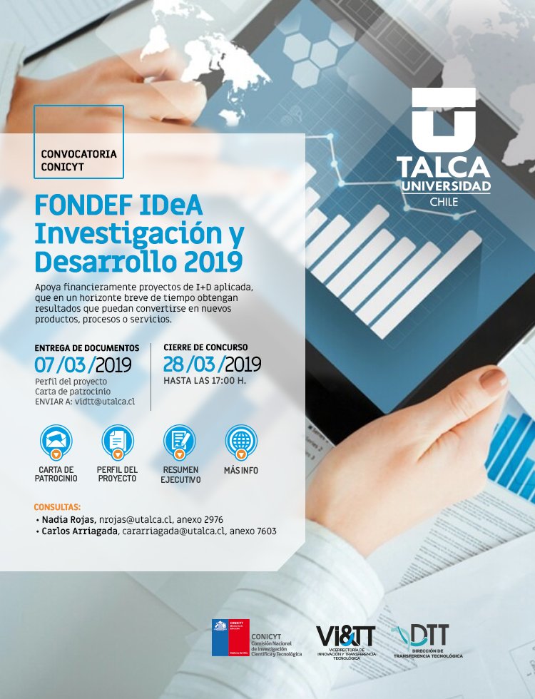 En la <a href="/UTalca/">Universidad de Talca</a> te ayudamos a postular al Concurso IDeA I+D de #FONDEF que financia proyectos de investigación científica y tecnológica que cuenten con antecedentes previos que sustenten una hipótesis de aplicación de una tecnología, producto o servicio bit.ly/2CoO8B4