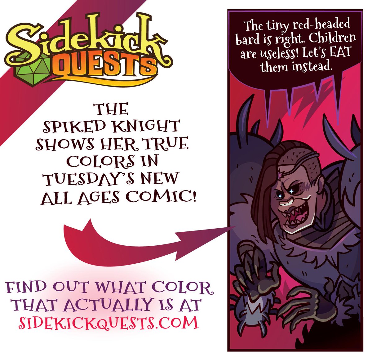 SidekickQuests's tweet photo. There is a brand new #allages #comic by @jamesstowe today, and it could be the last one... ever, if the Spiked Knight gets her way.. Read it at https://t.co/GT6wj3WC08 https://t.co/o9KkUgM9G6