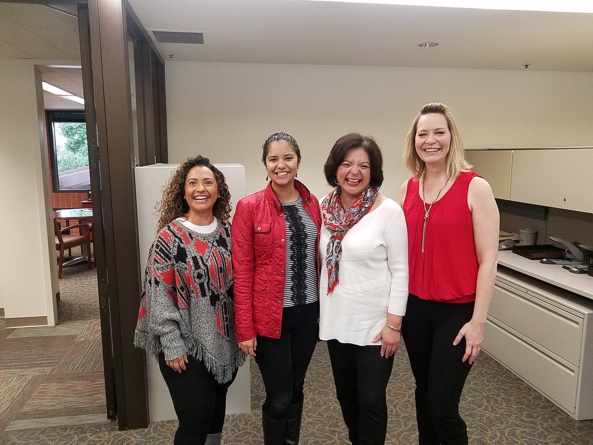 CE_Bojorquez's tweet photo. How lucky am I to have an admin team that works so well together? We are so often of one mind that we end up dressing alike! Red and black are the colors of today!#sunnyvalelib #oneLCS #blessedteam https://t.co/AMxFFPLWnI