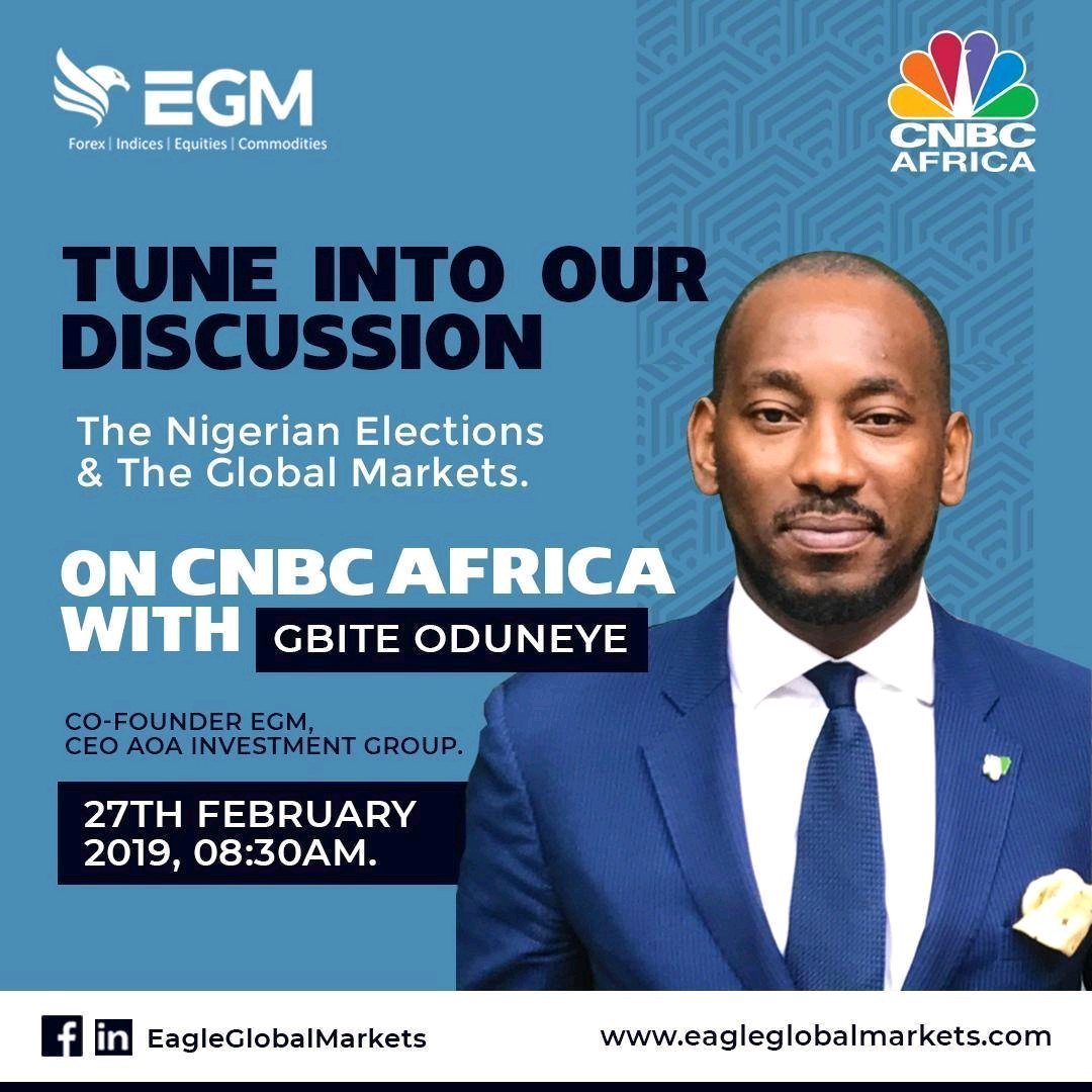 EGMarkets's tweet photo. Join our co-founder @GOduneye on @cnbcafrica tomorrow at 8:30am as he discusses ' The Nigerian Elections & The Global Markets '.
Be sure to tune in!
#EGM #GlobalMarketAnalysis #FiancialAnalysis #GlobalMarketWatch #NigeriaCapitalMarket #Globalmarkets #nigeriadecides2019 https://t.co/FOHACFM3yP