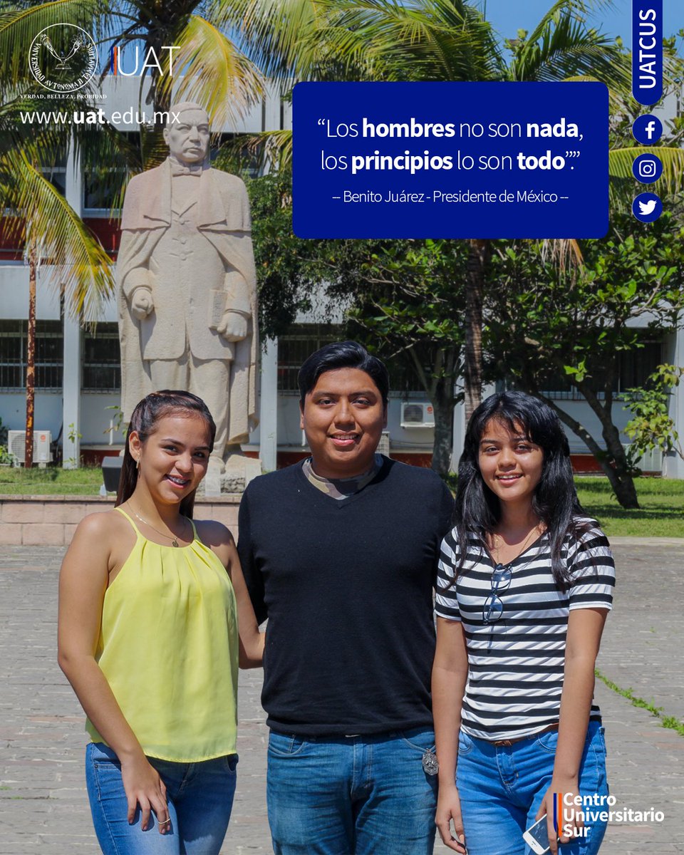 YoCreoEnLaUATmx's tweet photo. “Los hombres no son nada, los principios lo son todo”.
-- Benito Juárez - Presidente de México --
Que sigas teniendo un excelente martes.
#UAT #UATCUS #YoCreoEnLaUAT #Tampico #CdMadero #Altamira #Tamaulipas #Universidad #FelizMartes #BuenMartes https://t.co/tSNLAsyyXx