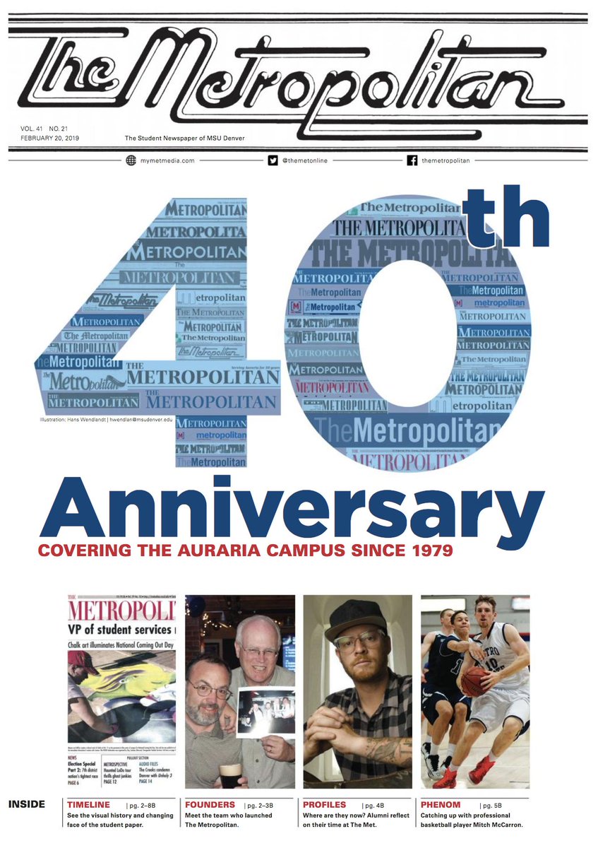 MyMetMedia's tweet photo. Please join us tomorrow (2/27) to celebrate 40 years of @TheMetOnline. An open house will take place from 3:30-7:30 at St. Cajetan's on @AurariaCampus. The free event includes food, drinks and an exhibition highlighting the history of our campus newspaper. @msudenver https://t.co/XtKZ4DK7gm