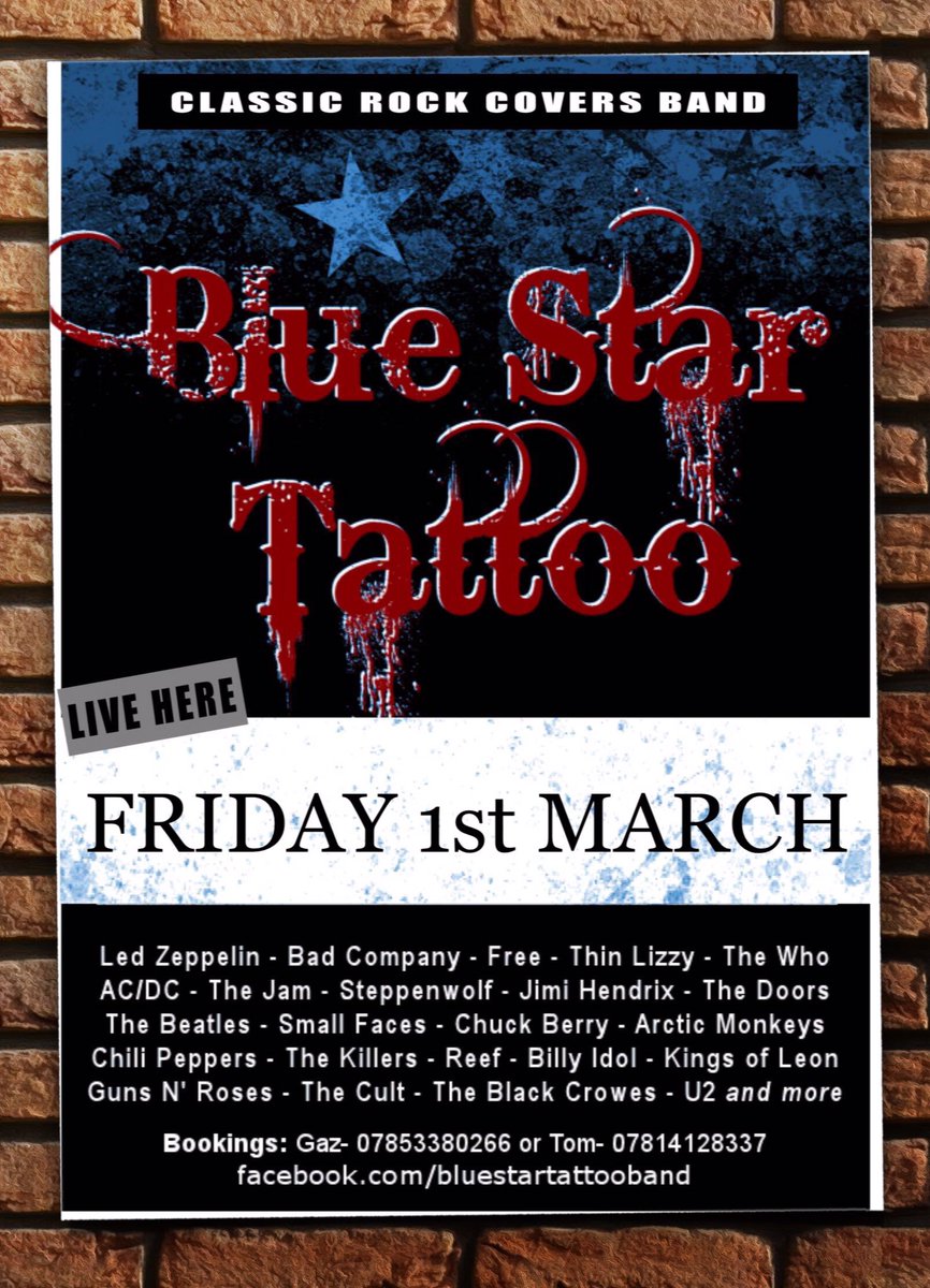 We Are Pleased To Bring To The Copper Beech, The Fantastic BLUE STAR TATTOO, One Of The Best Rock Covers Bands In Yorkshire. 
Covering Range Of Classic Songs To Get Everyone Singing And Dancing Along To.
This Will Be A Great Night.
#Copperbeech #Baildon #Livemusic #FridayNight