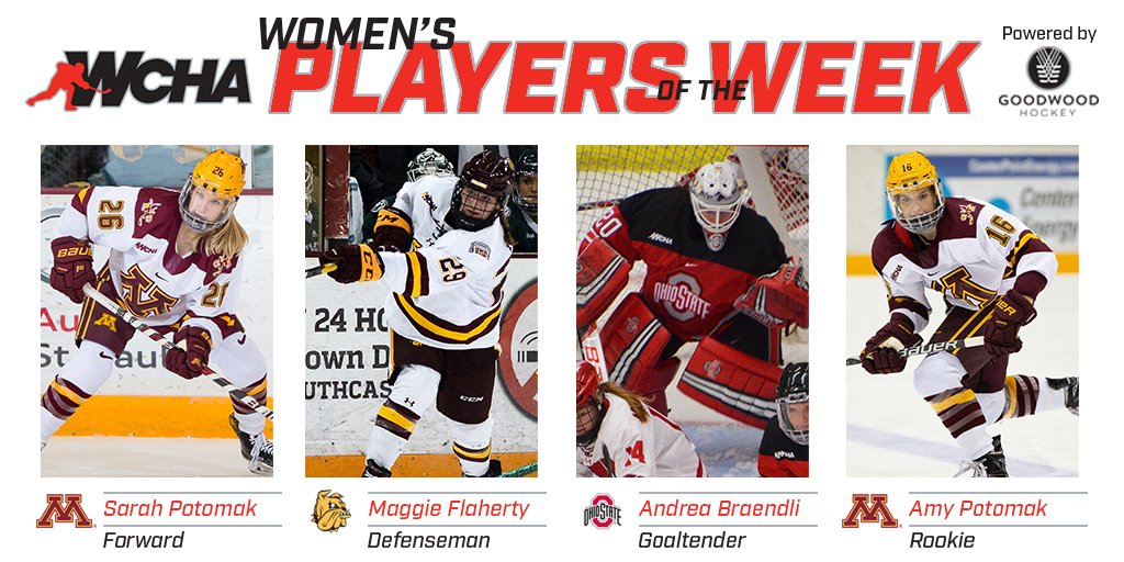 WCHA_WHockey's tweet photo. Congratulations to our #WCHA Players of the Week for Week 2⃣1⃣!

F- Sarah Potomak, @GopherWHockey
D- Maggie Flaherty, @UMDWHockey
G- Andrea Braendli, @OhioStateWHKY
R- Amy Potomak, @GopherWHockey

🔗https://t.co/RRWWWO1Cii

#WeAreWCHA | #20YearsOfExcellence https://t.co/G6GCpLgVtP