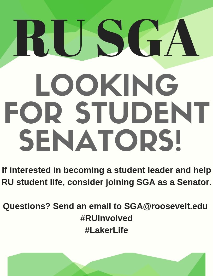 RooseveltCSI's tweet photo. RUSGA is looking for student senators! If you are interested in joining send an email to sga@roosevelt.edu or stop by the SGA meeting this week (WB 911 at 5pm). @RUResLife @RUAcaAdv @RU_SGA #RULakerLife @RUTorch #RUInvolved @RU_Peer_Mentors @RUgreencampus @wrbcradio https://t.co/KphYkcpE4r