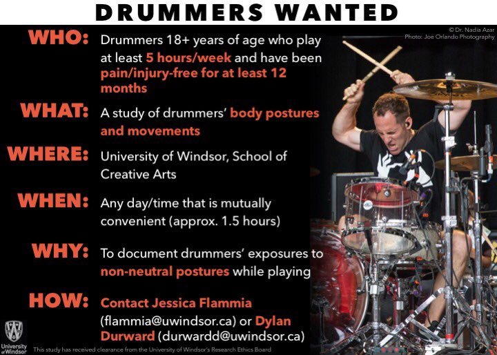 The #DRUMMERLab will be studying drummers’ playing-related exposures to non-neutral postures, and we need your help! . If you’re 18+ yrs old, regularly play the drums at least 5 hrs/week, and have been pain/injury-free for at least 12 months, please consider participating. Thx!