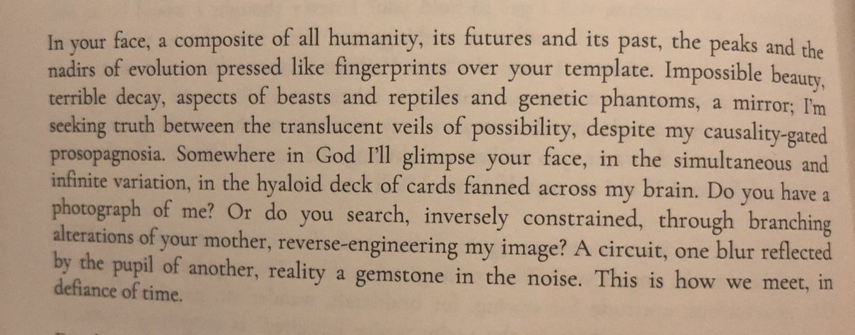 > in your face, a composite of all humanity, its future and its past, the peaks and nadirs of evolution ... impossible beauty, terrible decay, aspects of beasts and reptiles and genetic phantoms, a mirror