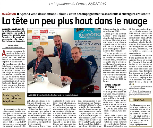 Ageona, la tête un peu plus haut dans le nuage
Merci @Tribout de la <a href="/larep_fr/">La République du Centre</a> pour cet article 
ageona.fr/single-post/20…