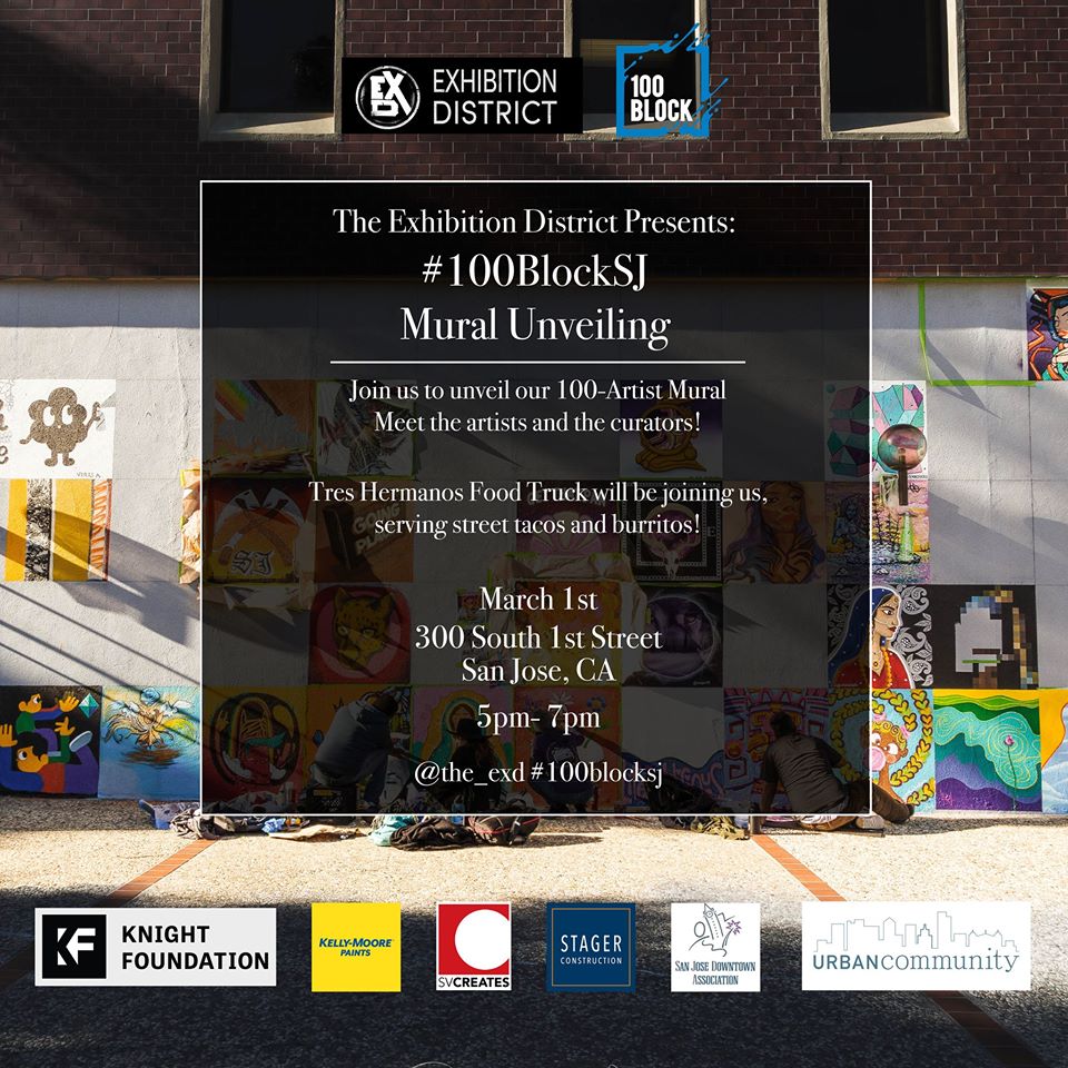SV_Creates's tweet photo. Join us this Friday from 5-7pm for the official #100BlockSJ unveiling and celebrate the largest mural collaboration in the history of San Jose! We're thrilled to see this #XFactorArts project come to life! Congrats, @The_ExD and @LocalColorSJ: https://t.co/S6lRwEoe7s https://t.co/C1SbK1DjnZ