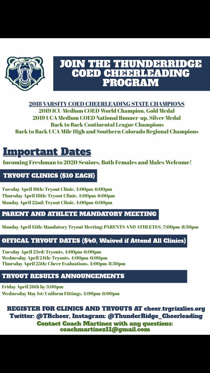 TRcheer's tweet photo. Registration for tryout clinics and tryout evaluations will be open soon! Mark your calendars for upcoming dates! #GoGrizz #CheerWithTRIDGE #MoreThanJustATeam #FamilyOnThree @TRidgeGrizzlies @RanchViewMS https://t.co/4fapzn4TyP
