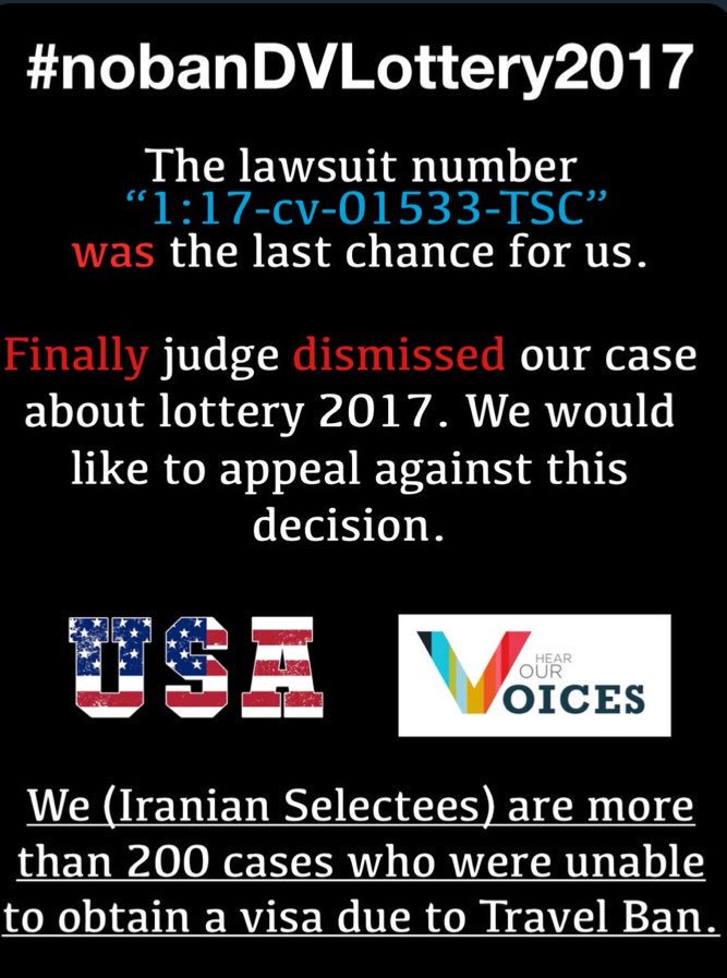 firouzmohammadi's tweet photo. @RepJudyChu Finally judge dismissed our case about lottery 2017. We would like to appeal against this decision.
Support us.
@adctweets @OmarJadwat @YolandaCRondon @JB_Cox @AttyImmigration @RepYvetteClarke
#NoBanDvLottery2017
#DvLottery2017_2018
#Class_Action
#NoMuslimBanEver
#ACLU https://t.co/72TGojgSK0