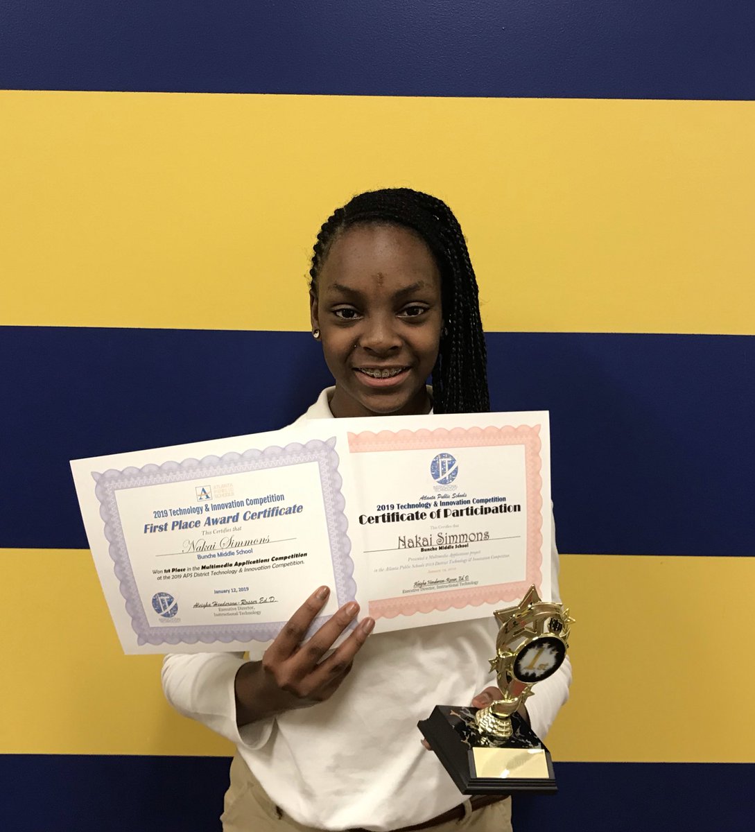 apsitjen's tweet photo. First Place 🏆 winner in Multimedia Production 💻
(5-6 grades) at the 2019 @APSInstructTech Technology & Innovation Competition from @Bunche_Chargers 😊 #edtech #APSITInspires @apsupdate @ahrosser @RJBPrincipal https://t.co/ltmeR3Shha