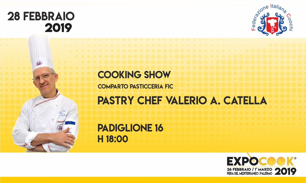 Federcuochi's tweet photo. Il #28Febbraio a #ExpoCook #Palermo vi aspetta il comparto Pastry della #FederCuochi. Gli Chefs Pietro Pupillo e Valerio Angelino Catella vi aspettano sui palco centrale del padiglione 16 per delle deliziose ricette #compartopastryFic #APCuochiePasticceriPalermo https://t.co/AtstnnUKnL