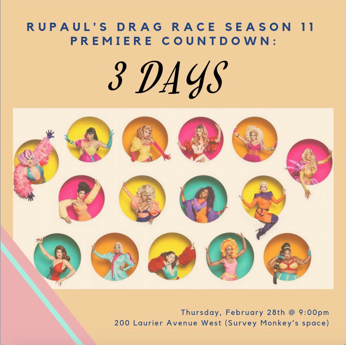 cusagsrc's tweet image. The countdown is on! 3 days until our RuPaul Season 11 Premiere at 200 Laurier West this Thursday at 9:00pm. Don’t miss out! 🏳️‍🌈
•
[image description] RuPaul contestants in the promotion campaign on orange background.