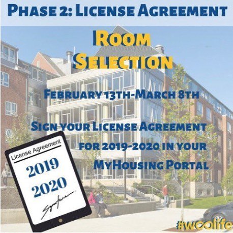 WSUResLife's tweet photo. Good evening Lancers! Deposits are in. Don’t forget to sign your license agreement in your MyHousing portal and select a meal plan for Fall 2019! #wsureslife #woolife #housingselection https://t.co/b5ENJtKdAo