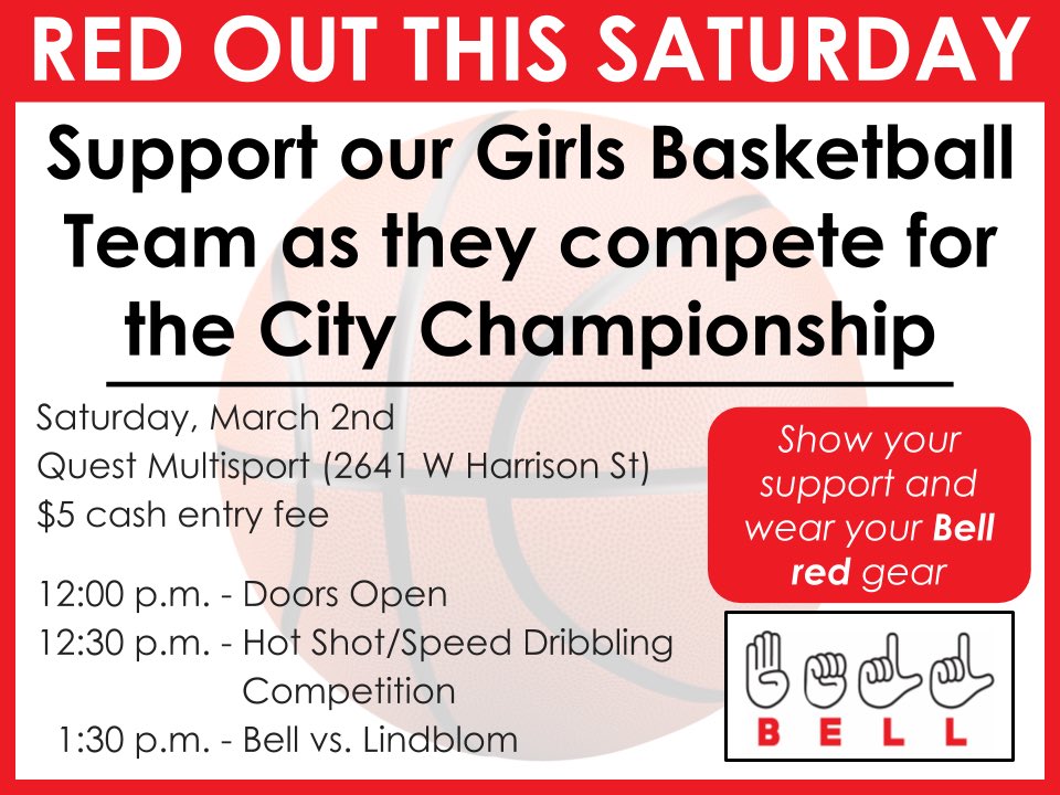 AGBellSchool's tweet photo. We’ve got #BellBlaze spirit, so do you! Let’s bring it & cheer our #Bell7thGrade & #Bell8thGrade Girls Basketball team!
March 2nd, Saturday | Doors open at 12:00 p.m. | $5 cash entry fee
Quest Multisport, 2641 W. Harrison St. https://t.co/JxtGFY5TYp