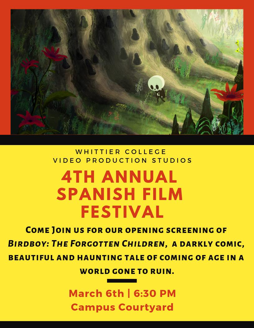 wcVPS's tweet image. It's almost time for our 4th Annual Spanish Film Festival! Join us next Wednesday 3.6 at 6:30pm in the Campus Courtyard for our first screening! We will be showing Birdboy: The Forgotten Children, an animation film from Spain. Hope to see you there!
