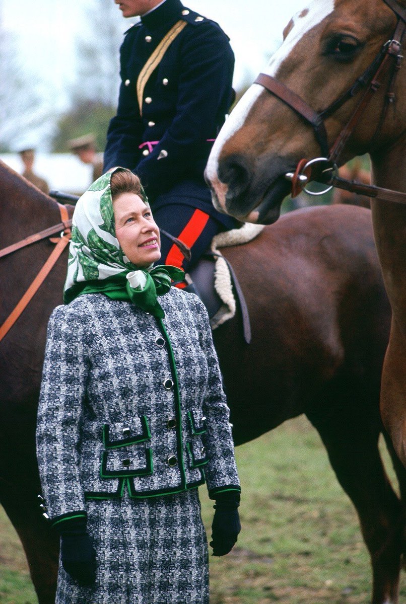 voguevault's tweet photo. #QueenElizabeth II has had a lifelong love affair with #Hermes silk scarfs, her collection traces as far back as the 40s. The headscarf has now become a quintessential fashion staple for attendees of the Royal Windsor Horse Show. https://t.co/41GEAjMb2w