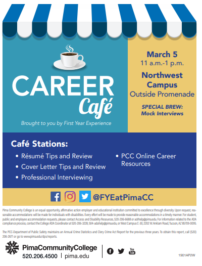 PimaFYE's tweet photo. Perk Up your day with #NWCareerCafe Join us next week at 11am - 1pm on March 5 outside on the Promenade. #CoverLetters #Resumes #Interview #JobSeekingSkills #CareerExploration Free #coffee &amp; #Prizes from @FYEatPimaCC &amp; Follett  Counts for #FYEpassportPCC #FYEWorkshop #Belonging https://t.co/FY4jMA5BPM
