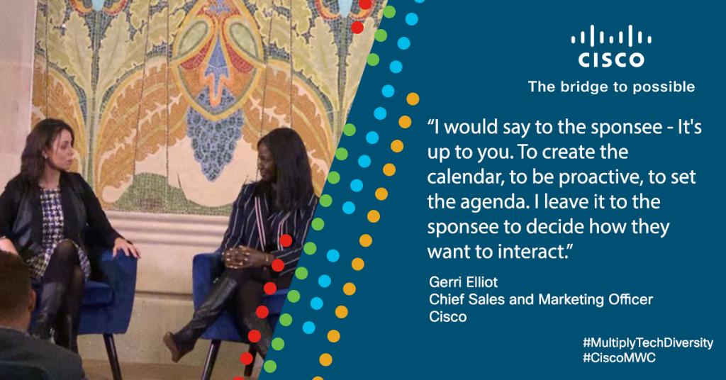 CiscoSP360's tweet image. Looking to benefit from a sponsor? Cisco&apos;s @Gerri_Elliott offers valuable advice from our #MultiplyTechDiversity event at #MWC19. Sign the pledge to #MultiplyDiversity. #CiscoMWC cs.co/6019Epf9z