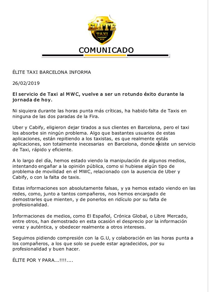 Elite_TaxiBcn's tweet photo. 🔴 COMUNICADO OFICIAL
Élite Taxi informa
#MobileWorldCongress #MWC201
El servicio de Taxi al #MWC19 vuelve a ser un rotundo éxito 🚖🚕
(Mal que le pese a los que no están ni se les espera)
@elespanolcom @libre_mercado @unautovtc @cabify_espana @uber_es
Seguimos trabajando!! https://t.co/rrby3ALZ4p