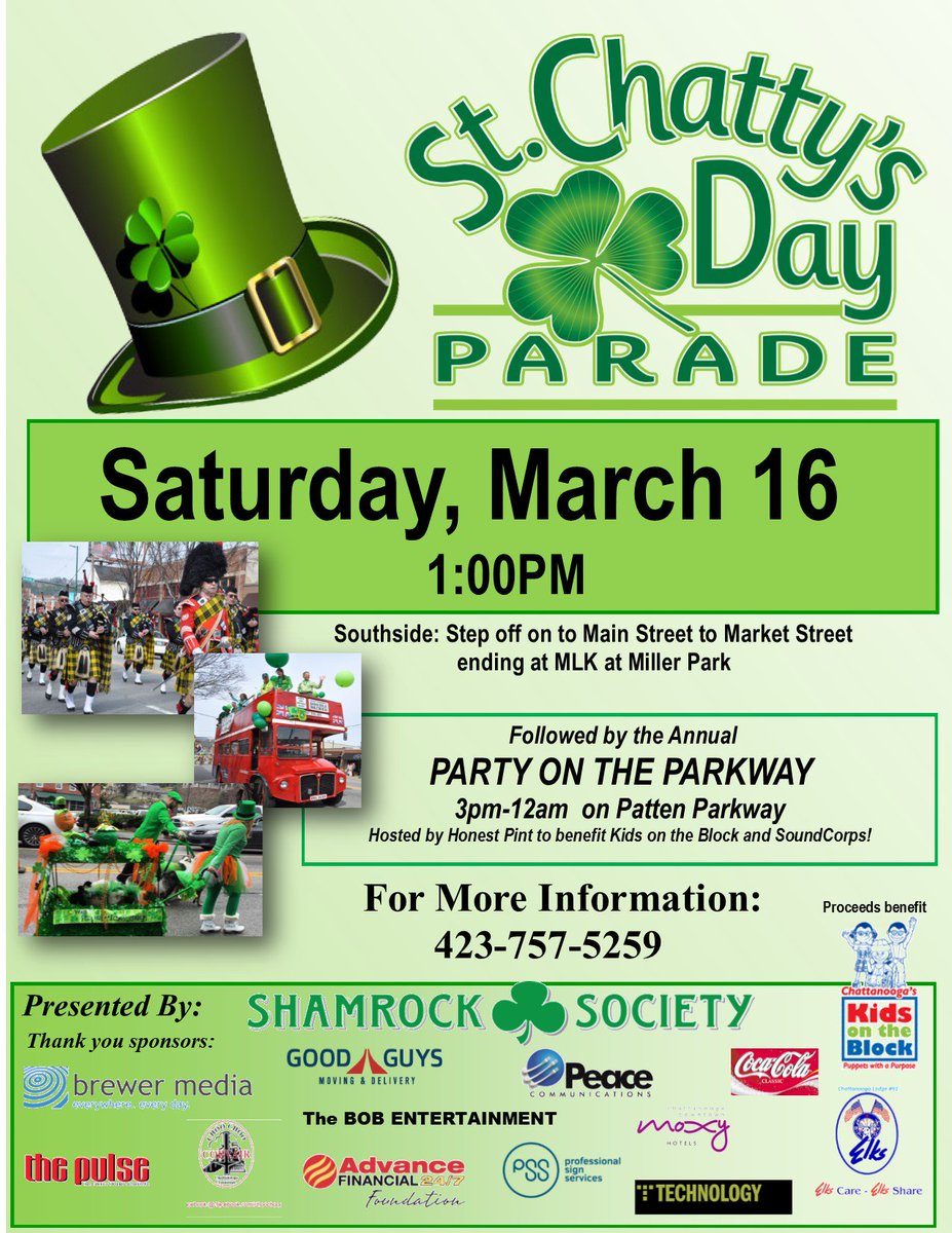 st_chatty's tweet photo. Applications for the 6th Annual St. Chatty's Day Parade are still being accepted and are due by March 6! Join us for the celebration of St. Patrick's Day in Chattanooga. https://t.co/JPtZVubc8p