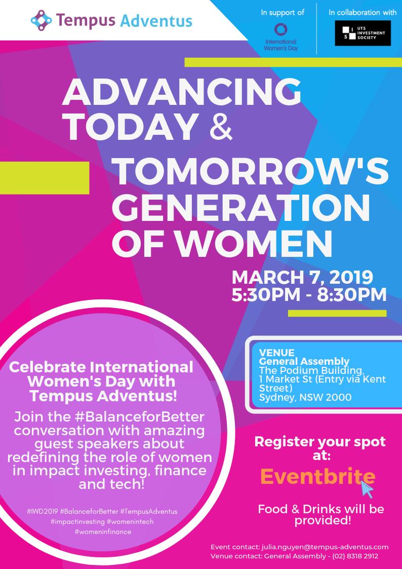 tempusadventus's tweet photo. How can you 'Advance today and tomorrow's generation of women’? Join Tempus Adventus and a panel of industry leaders as we explore the opportunities of women in impact investing, finance and tech! 

Register for you FREE spot: https://t.co/Dx2sd6Kw2Z 

#IWD2019 #BalanceforBetter https://t.co/HbOWH4d9va