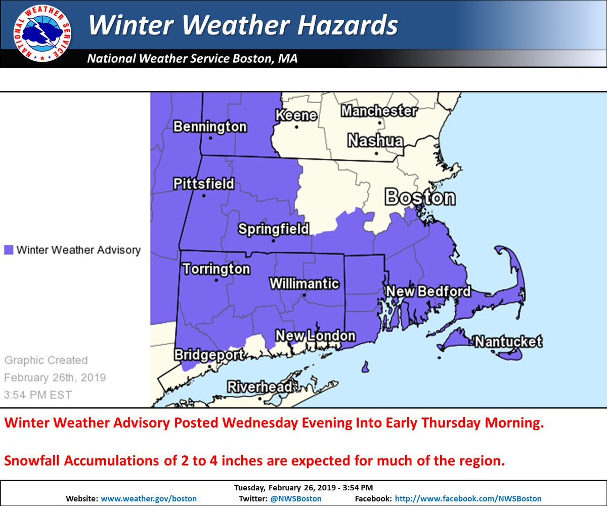 NWSBoston's tweet photo. [Accumulating Snow Wed night/early Thu am] Dry/very cold into Wed afternoon. Light snow overspreads western MA/northern CT between 5-7 pm and into eastern MA/RI from 7-10 pm. Heaviest snow occurs between 11 pm and 4 am Thu. Lighter snow may linger into Thu am with 2-4" total. https://t.co/zVVpfJqQ5u