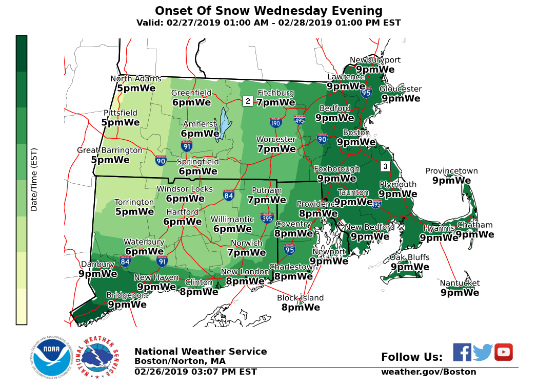 NWSBoston's tweet photo. [Accumulating Snow Wed night/early Thu am] Dry/very cold into Wed afternoon. Light snow overspreads western MA/northern CT between 5-7 pm and into eastern MA/RI from 7-10 pm. Heaviest snow occurs between 11 pm and 4 am Thu. Lighter snow may linger into Thu am with 2-4" total. https://t.co/zVVpfJqQ5u