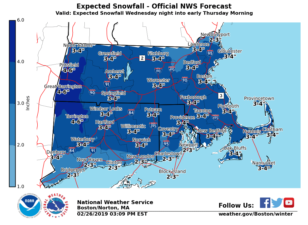 NWSBoston's tweet photo. [Accumulating Snow Wed night/early Thu am] Dry/very cold into Wed afternoon. Light snow overspreads western MA/northern CT between 5-7 pm and into eastern MA/RI from 7-10 pm. Heaviest snow occurs between 11 pm and 4 am Thu. Lighter snow may linger into Thu am with 2-4" total. https://t.co/zVVpfJqQ5u
