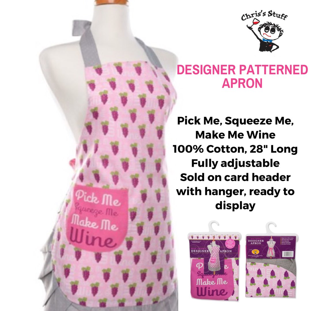 💕Designer Patterned Apron 💕

Pick Me, Squeeze Me, Make Me Wine. 100% Cotton, 28' Long
Fully adjustable. Sold on card header with hanger, ready to display. 
@chrissstuff #chrisstuff #apron #wine #winelover #winery #winerywedding #winerylovers #winestagram