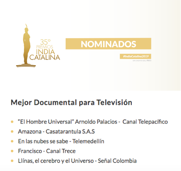 Feliz!! Documental "Llinás: El Cerebro y el Universo" fue nominado como Mejor Documental en los Premios #IndiaCatalina2019 Una producción de <a href="/CabalaTV/">CabalaTV</a> para <a href="/SenalColombia/">Señal Colombia</a> y <a href="/Colciencias/">Tobillo Gomez</a> rescatando el legado de uno de los grandes científicos colombianos tinyurl.com/yybjx8dd