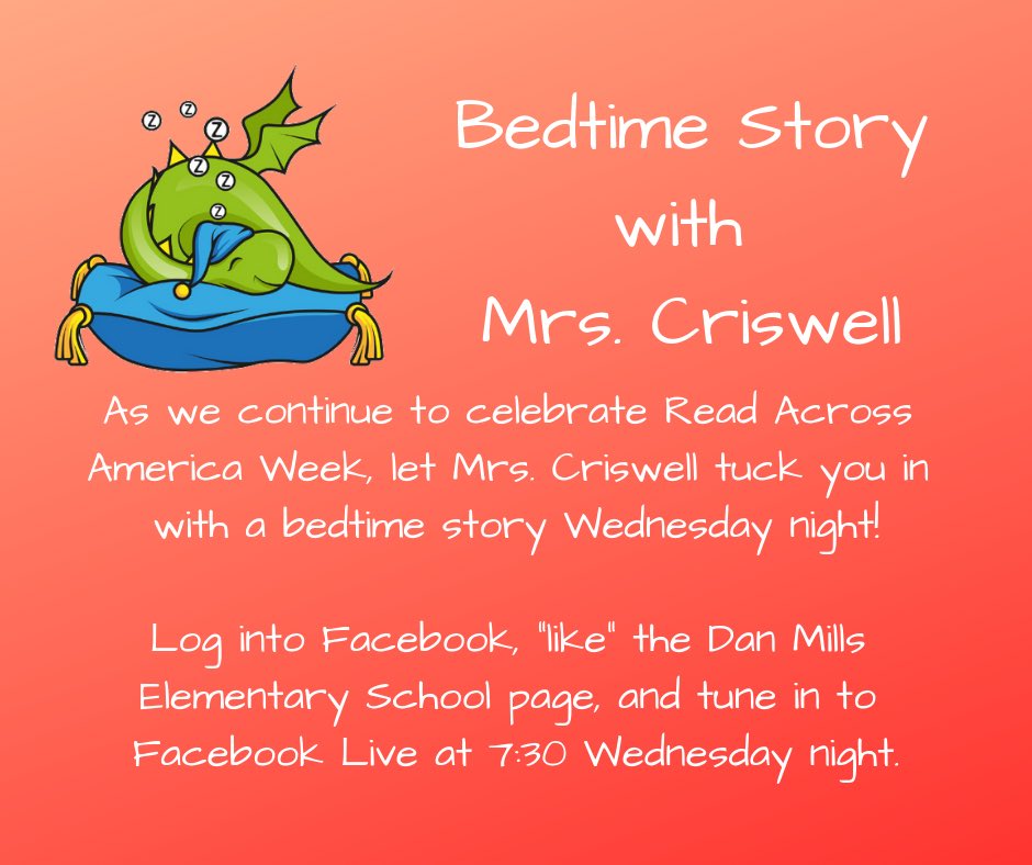 DanMillsLibrary's tweet image. Tune in tomorrow night on FB Live at 7:30 to hear Mrs. Criswell read a bedtime story to her little dragons! You provide the milk and cookies, we’ll provide the entertainment! @danmillses @DanMillsPTO @MNPSLibraries #mnpslibhack