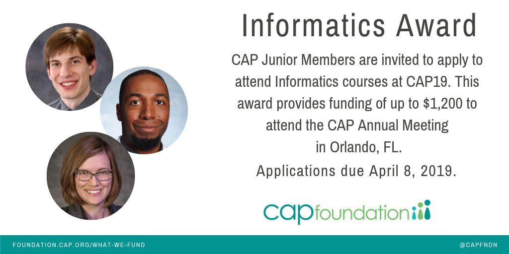 CAPFndn's tweet image. CAP Junior Members: apply now for the CAP Foundation's #Informatics Award. $1,200 to attend Informatics Courses at #CAP19

Apply by 4/8: ow.ly/mdIy30nQzWD