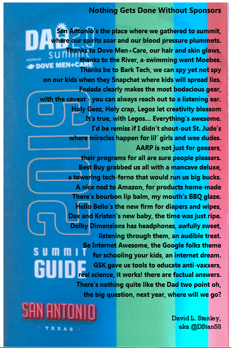DStan58's tweet photo. The #dad2summit was incredible. But without $$$, nothing gets done. Thank-you, sponsors. @DoveMenCare #beinternetawesome @BestBuyBloggers #vaccinateforlife #disruptaging #MadeforDads @barktechco @fodadawear #dolbydimesions @StJude https://t.co/V3BBbZUx9F
