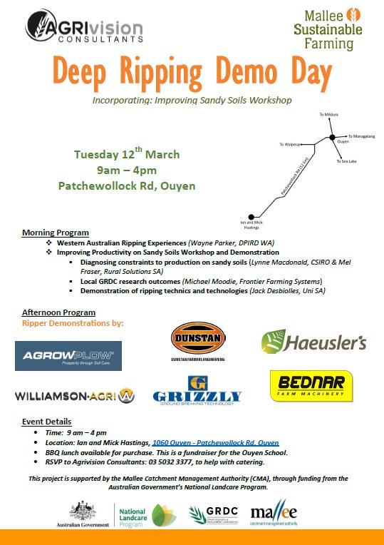 Deep Ripping Demo Day
Tuesday 12th March in Ouyen 9am-4pm
Open to all Growers, Agro's and Industry. <a href="/Moodie_ag/">Michael Moodie</a> @bradBbennett <a href="/GRDCSouth/">GRDC South</a> @MSF_Mildura #deepripping #soilhealth #Sandysoil #mallee