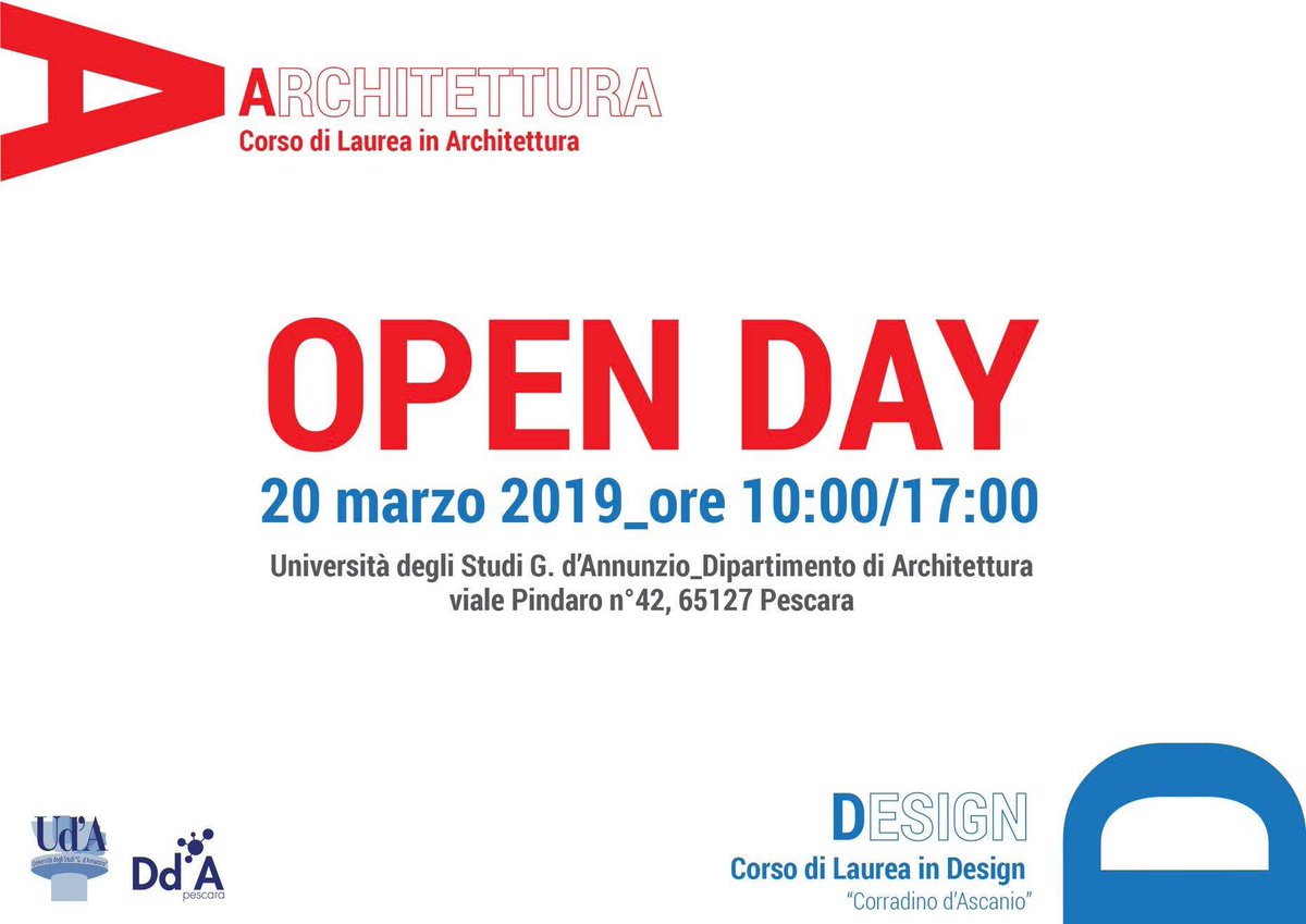 #OPENDAY2019
Giornata di #orientamento per studenti di #istitutisuperiori 

#CdLinArchitettura
#CdLinDesign

20 marzo 2019 dalle ore 10:00 alle 17:00 • presso il Dipartimento di Architettura in Viale Piandaro 42 - #Pescara 

• Ti aspettiamo! #DdApescara