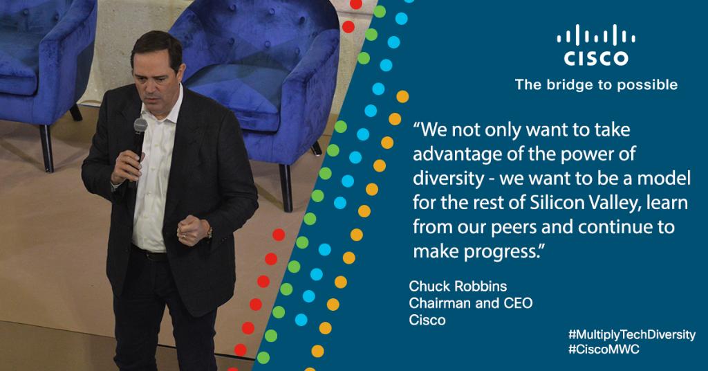 CiscoSP360's tweet image. At our #MWC19 Multiply Diversity reception, CEO @ChuckRobbins shares the importance of diversity initiatives, addressed from the top of the organization. #MultiplyTechDiversity #CiscoMWC Sign the pledge: cs.co/6011Epffc