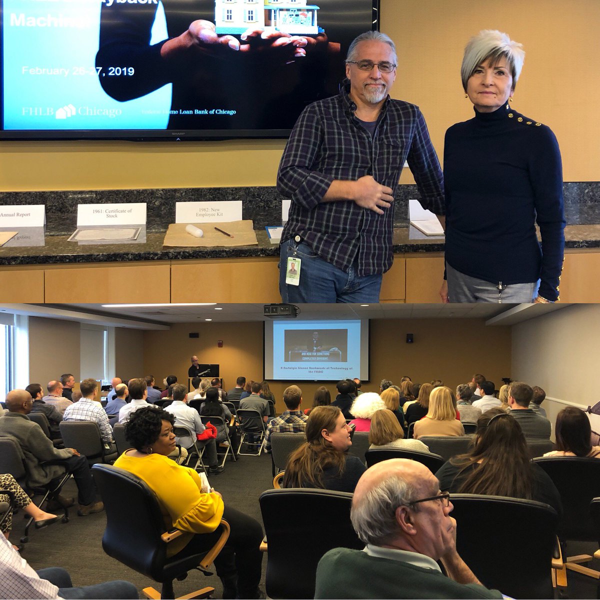 FHLBC's tweet photo. As we look toward the future, it is important to remember how far the Bank has come and what we have accomplished. Barbara Shovan and Mike O’Malley share highlights from the Bank’s history, from 1932 to today. #BankCon2019 https://t.co/tMoZIArH1o