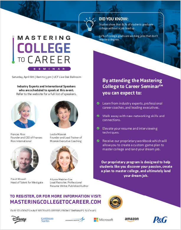 Our District Director, Daniel Botero, will be hosting the Mastering College to Career seminar! This is going to be an incredible event where young professionals will have the opportunity to listen and learn from industry experts!
For more information  - masteringcollegetocareer.com