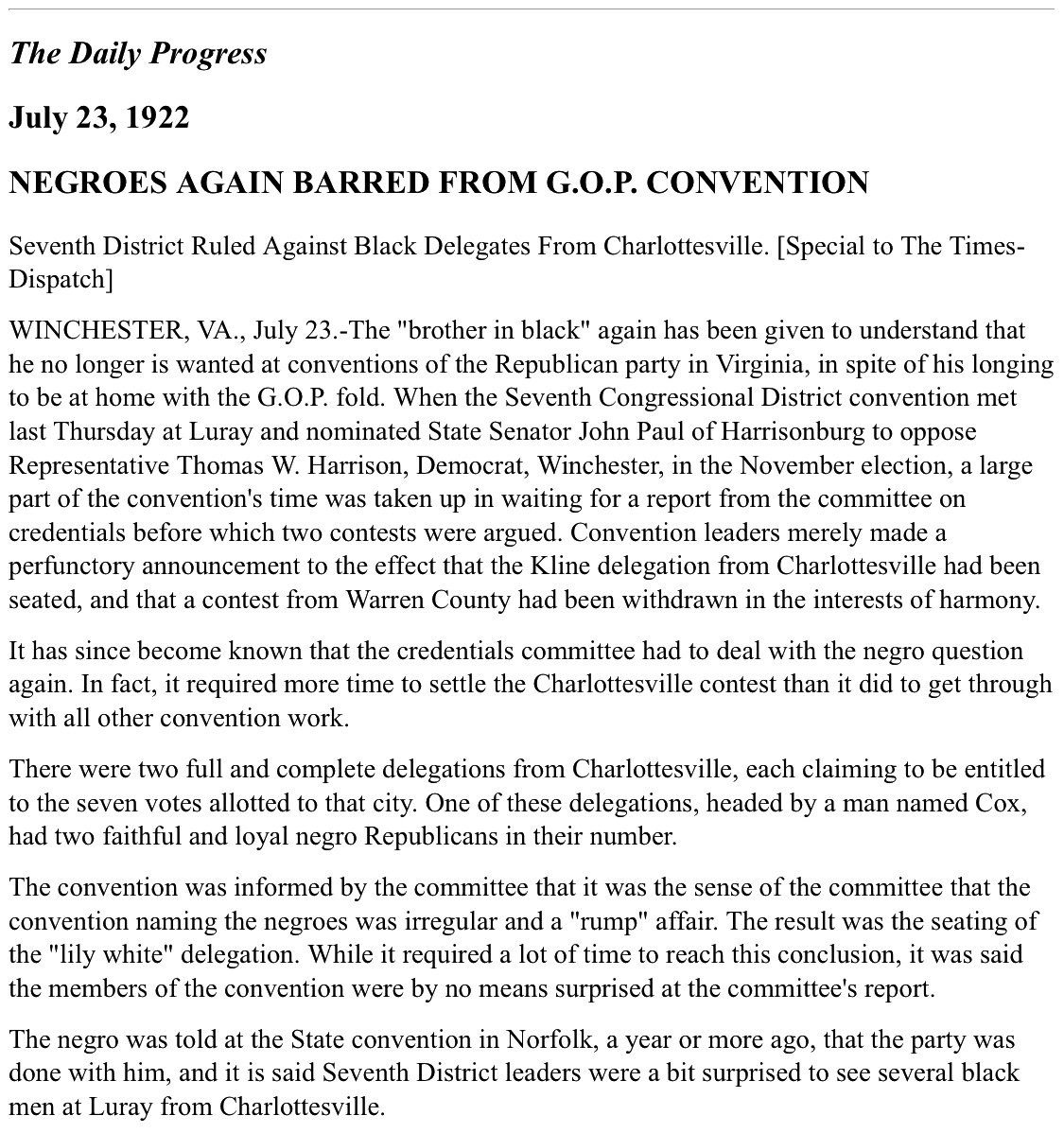Daily Progress article, "NEGROES AGAIN BARRED FROM G.O.P. CONVENTION." Reported the dismissal of the Cox delegation and the seating of Flannagan's "lily-white" delegation.