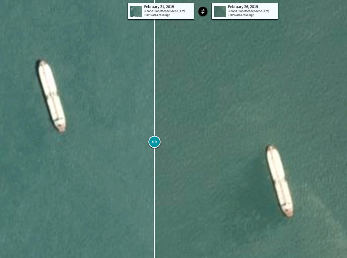 TankerTrackers's tweet image. FAQ: How can you tell if the tanker is full or empty once its AIS transponder has been switched off?

A: When a vessel takes on cargo, its hull submerges deeper into the water. When cargo is removed, it rises back up again. Compare shadows.

Day-recent images by @planetlabs #OOTT