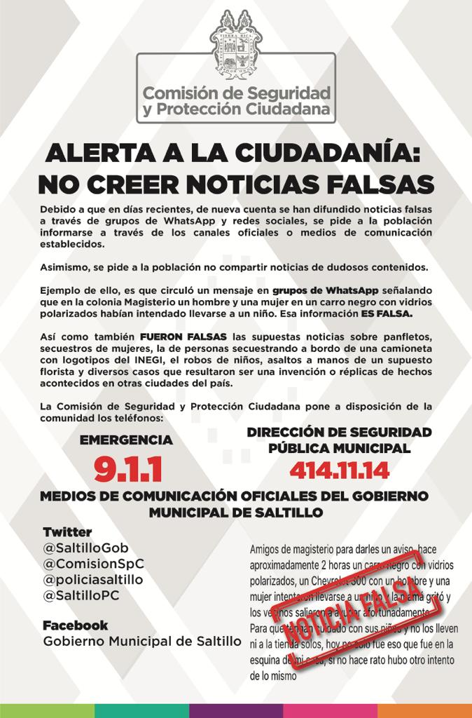 ATENCIÓN. Alerta a la ciudadanía. No creer en noticias falsas. Recuerda NO compartir información de dudoso contenido. #TodosPorSaltillo @SaltilloGob