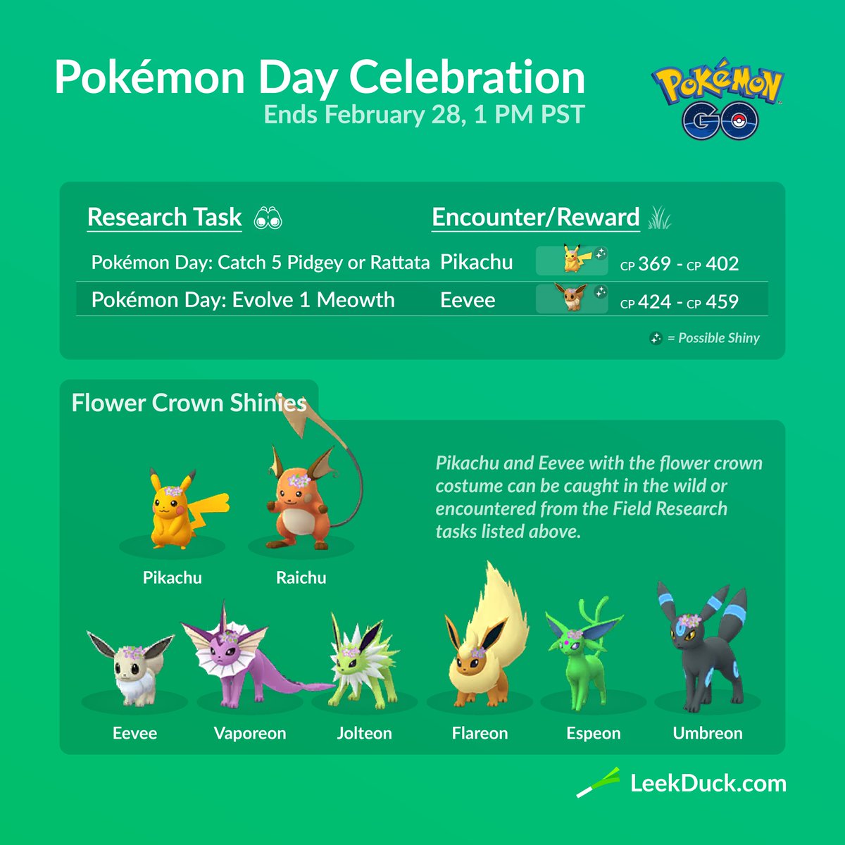 Leek Duck These Are The Two Pokemon Day Tasks The Task Evolve A Pokemon Also Rewards A Flower Crown Eevee Encounter Leek Duck These Are The Two Pokemon Day Tasks The Task Evolve A Pokemon Also Rewards A Flower Crown Eevee Encounter
