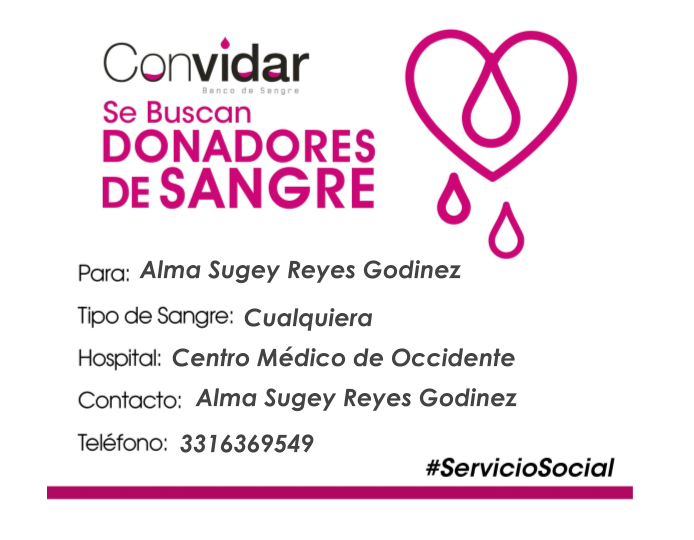 ConvidarBanco's tweet photo. Solicitamos apoyo URGENTE!

Requerimos donadores altruistas de cualquier tipo de sangre, para Alma Sugey Reyes Godinez, en el Banco de Sangre del Centro Médico de Occidente. Necesita la donación para su cesárea.

¡Compártelo y ayúdanos a ayuDAR! #GDL #ServicioSocial https://t.co/KmmL7zXDxd
